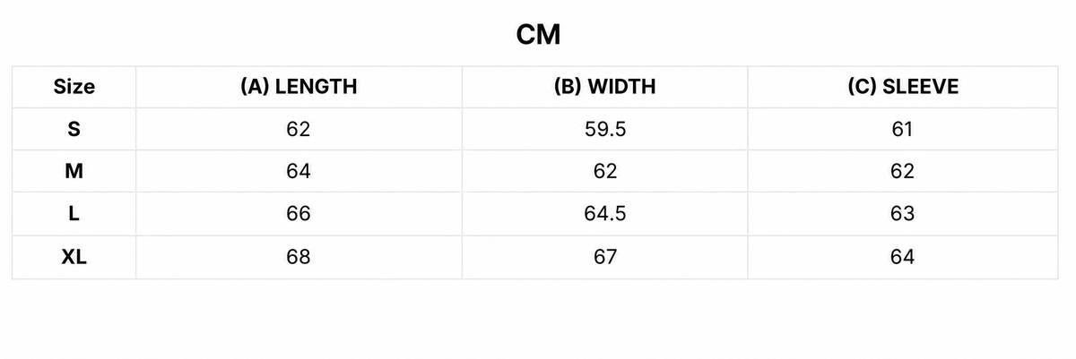 Size chart for Leopard Wash Zip-Up